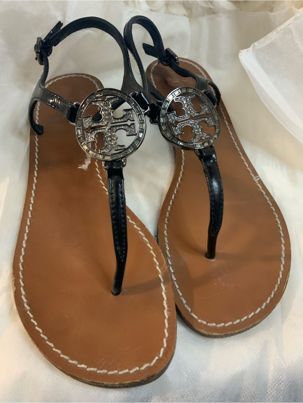 Tory Burch Black Leather Logo Thong Sandals with Tan Footbed